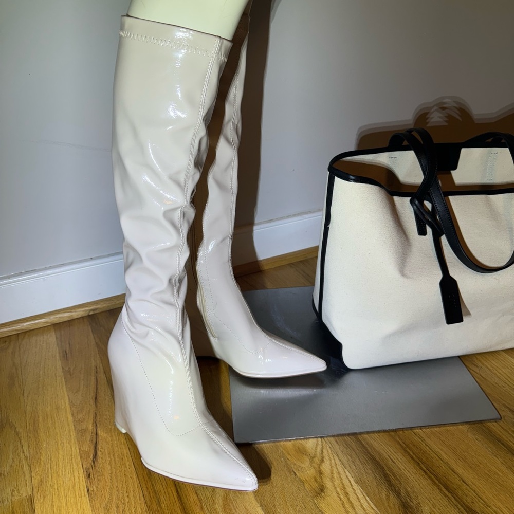 Slouchy leather high boots pointed toe tall heeled boots patent wedge heel